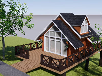 Wooden Cabin with Black Roof White Windows Wooden Deck Railing on Stilts Near Tree Lawn 3d model