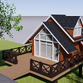 Wooden Cabin with Black Roof White Windows Wooden Deck Railing on Stilts Near Tree Lawn