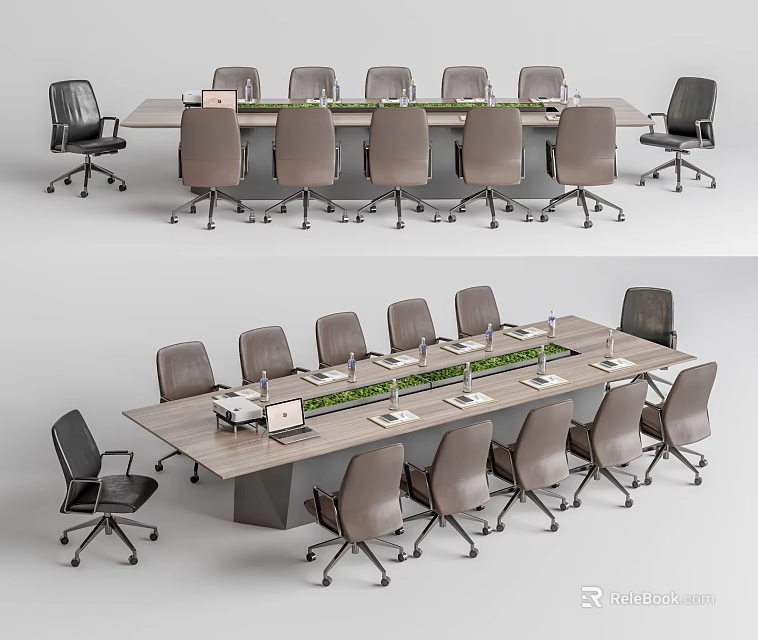 Modern Office Conference Table With Ergonomic Chairs And Laptop Setup 3d model