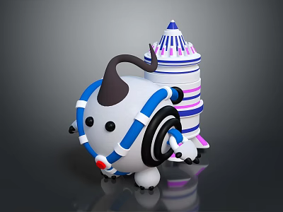 Cute Cartoon Character With Horn And Blue White Body Next To Purple Striped Tower Structure 3d model