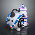 Cute Cartoon Character With Horn And Blue White Body Next To Purple Striped Tower Structure