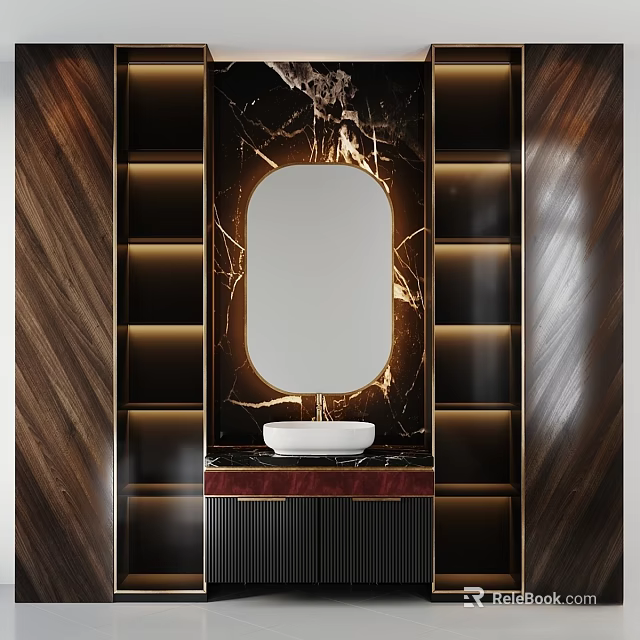 Modern Elegant Washbasin Design with Marble Backdrop Wooden Panels Backlit Mirror and Cabinet 3d model 