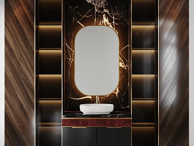Modern Elegant Washbasin Design with Marble Backdrop Wooden Panels Backlit Mirror and Cabinet 3d model