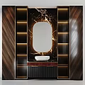 Modern Elegant Washbasin Design with Marble Backdrop Wooden Panels Backlit Mirror and Cabinet