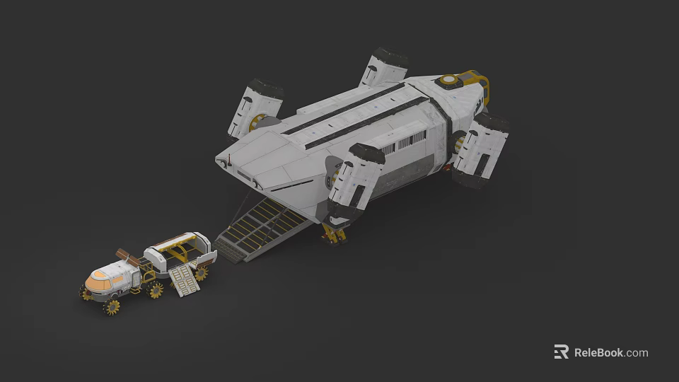 Futuristic Sci Fi Spacecraft With Attached Landing Rover And Deployable Ramp 3d model