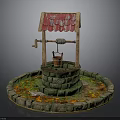 Traditional Well Structure With Red Tiled Roof Wooden Bucket Stone Base And Fallen Leaves
