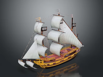 Vintage Sailing Ship Model Featuring White Sails And Wooden Hull Design 3d model