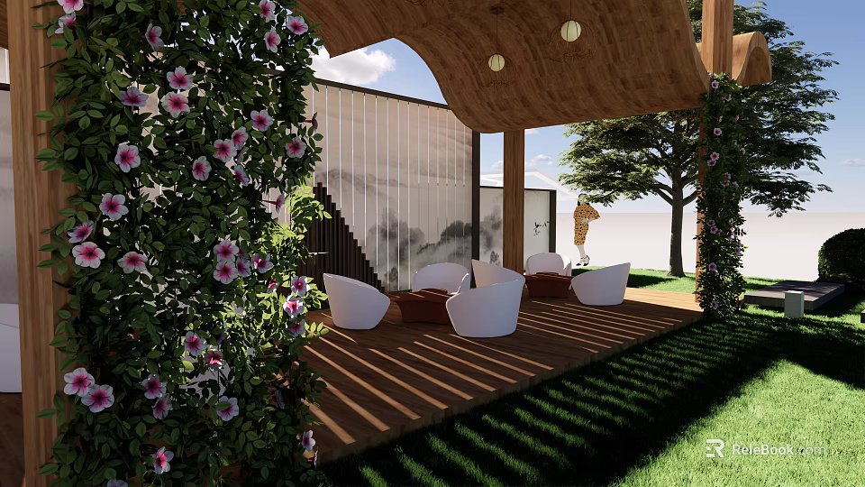 Garden Landscape Design With Wooden Pergola White Chairs Green Plants And Grass Area 3d model 