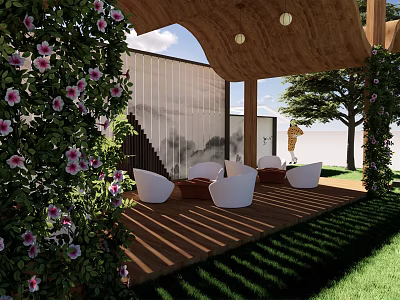Garden Landscape Design With Wooden Pergola White Chairs Green Plants And Grass Area 3d model