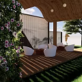 Garden Landscape Design With Wooden Pergola White Chairs Green Plants And Grass Area
