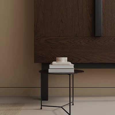 Modern Stylish Side Table With Stack of Books And Cup Next To Wooden Cabinet 3d model