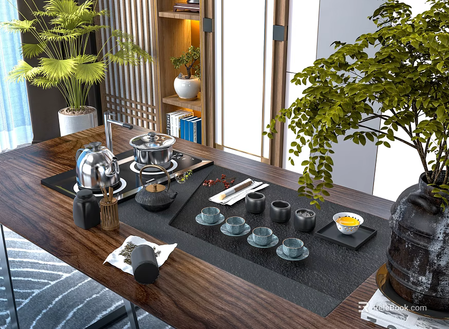 Elegant Tea Set With Teapot Cups And Tray On Modern Wooden Table With Green Plants 3d model 