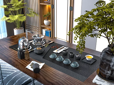 Elegant Tea Set With Teapot Cups And Tray On Modern Wooden Table With Green Plants 3d model
