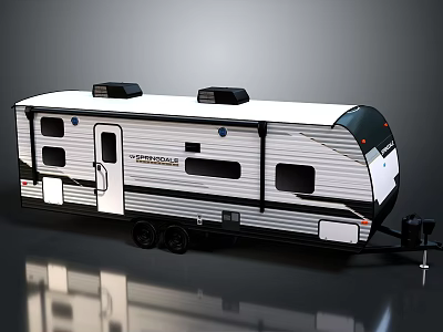 Sportsmen Towable Recreational Vehicle With White Black Striped Exterior Windows Door And Black Roof Vents 3d model