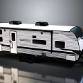 Sportsmen Towable Recreational Vehicle With White Black Striped Exterior Windows Door And Black Roof Vents