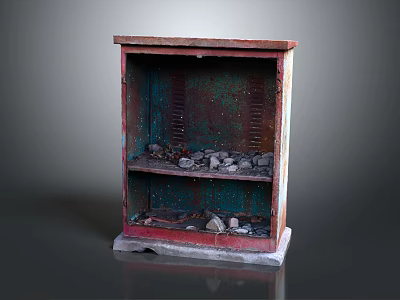 Rusty Old Cabinet With Red Green Rusty Finish And Stones On Shelves 3d model