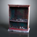 Rusty Old Cabinet With Red Green Rusty Finish And Stones On Shelves