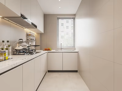 Modern Minimalist Kitchen Interior With White Cabinets Marble Countertop And Window 3d model