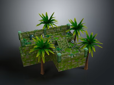 Ancient Green Moss Covered Courtyard With Stone Walls Palm Trees And Steps 3d model