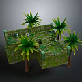Ancient Green Moss Covered Courtyard With Stone Walls Palm Trees And Steps