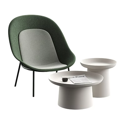 Green Accent Chair with Gray Cushion Black Metal Legs and White Round Side Tables 3d model