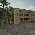 Ancient Building With Tile Roof Multiple Windows Doors And Trees In Front Paved Square
