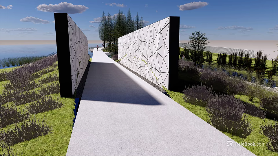 White Geometric Patterned Feature Wall Along Pathway With Grass Trees And Water View 3d model