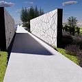 White Geometric Patterned Feature Wall Along Pathway With Grass Trees And Water View 3d model