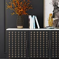 Elegant Console Cabinet Interior With Dark Wall Artwork Orange Branches Books And Dot Details