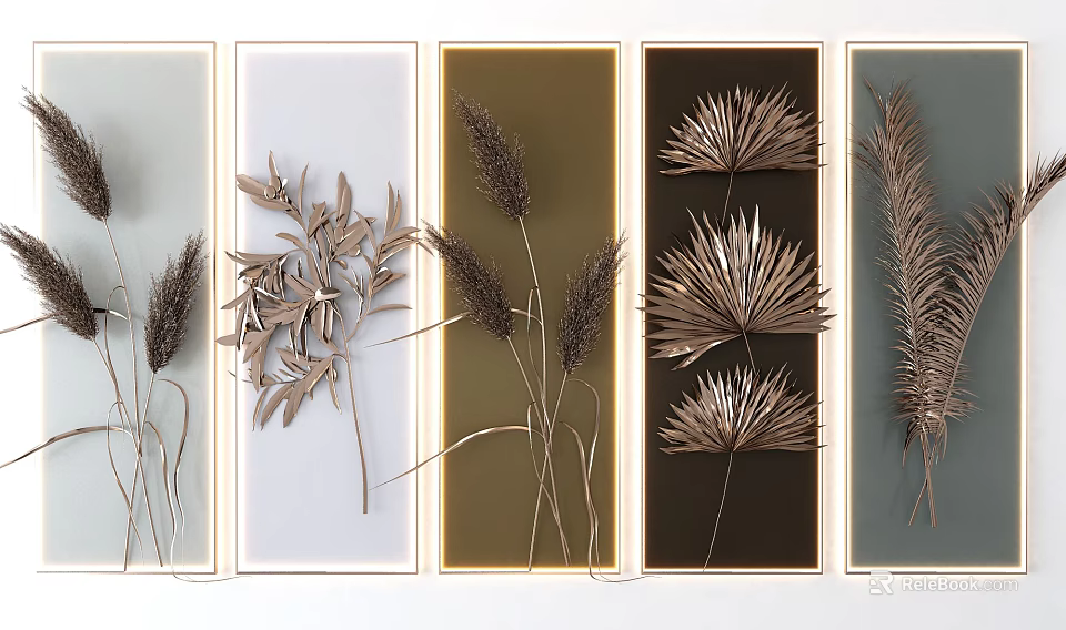 Modern Wall Decor with Metallic Plant Designs and Colorful Minimalist Frames for Home Interior Decoration 3d model 