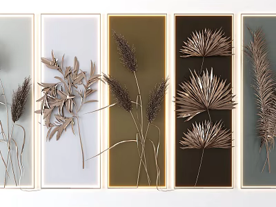 Modern Wall Decor with Metallic Plant Designs and Colorful Minimalist Frames for Home Interior Decoration 3d model