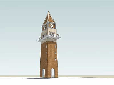 Brick Clock Tower Exterior Design With Pointed Roof Balcony And Arched Doorways 3d model