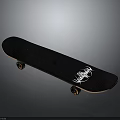 Sleek Black Skateboard With White Graphic Design And Copper Wheels 3d model