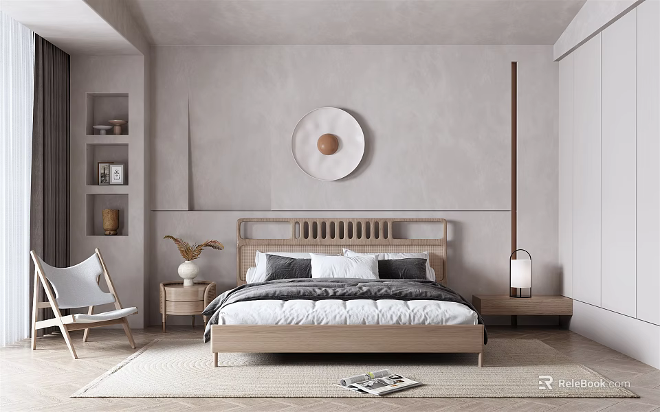 Minimalist Natural Bedroom With Light Gray Walls Wooden Headboard Bedding Bedside Tables Chair And Decor 3d model 