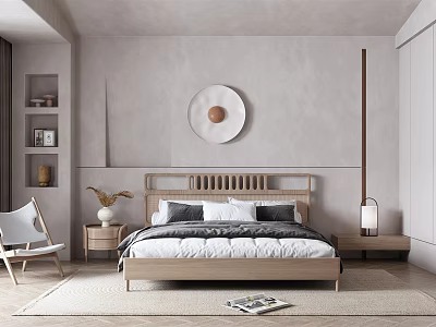 Minimalist Natural Bedroom With Light Gray Walls Wooden Headboard Bedding Bedside Tables Chair And Decor 3d model