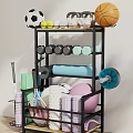 Organized Sports Equipment Storage Rack With Soccer Ball Basketball Dumbbells Yoga Mats And Tennis Rackets