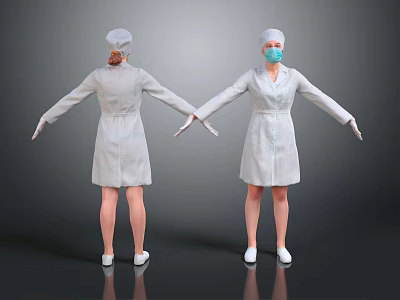 Women in White Lab Coats Standing Back to Back with Caps Masks and Arms Outstretched 3d model