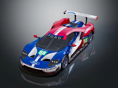 Ford Blue Red White Racing Car With Number 67 And Rear Spoiler 3d model