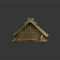 Traditional Wooden House Model With Thatch Roof Grass Around Base And Wooden Structure