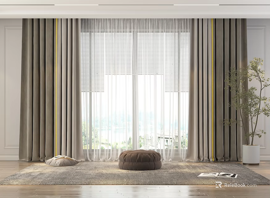 Modern Curtains with Sheer Panels Floor Length Design and Neutral Tones in Cozy Living Space 3d model 