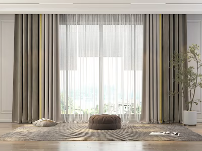 Modern Curtains with Sheer Panels Floor Length Design and Neutral Tones in Cozy Living Space 3d model