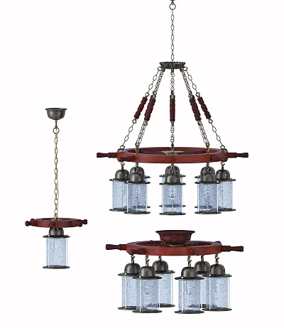 Classic Wooden Chandeliers With Multiple Glass Lantern Shades And Chain Suspensions 3d model