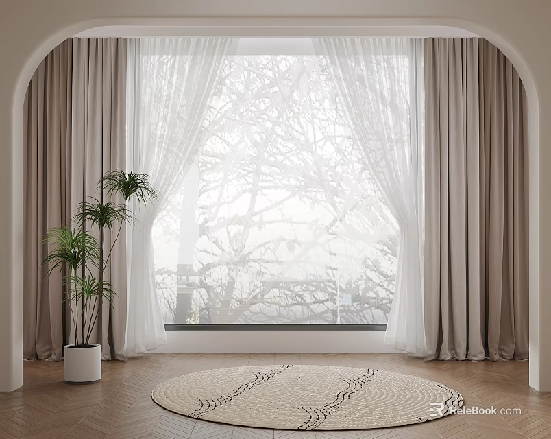 Beige Curtains With Sheer Panels For Arched Window Interior With Plant And Round Rug 3d model 