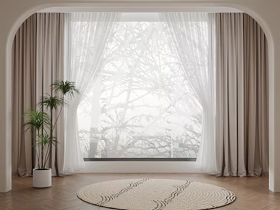 Beige Curtains With Sheer Panels For Arched Window Interior With Plant And Round Rug 3d model