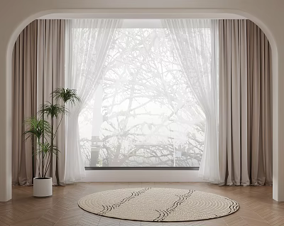 Beige Curtains With Sheer Panels For Arched Window Interior With Plant And Round Rug 3d model