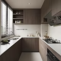 Modern Kitchen Interior With Wooden Cabinets White Countertop Sink Gas Stove And Window Blinds