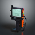 Handheld Household Device With Digital Display Colored Buttons Black And Orange Design And Spiral Cable