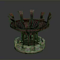 Red Wooden Decorative Structure With Lattice Design And Stone Pedestal Base