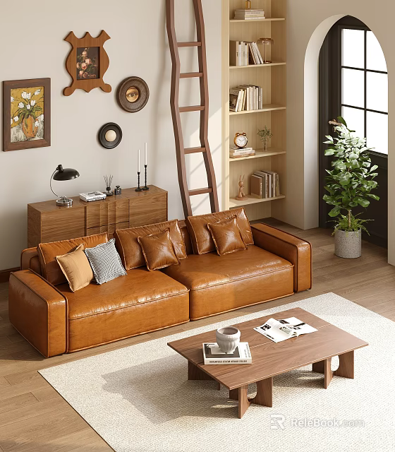 Brown Leather Sofa with Accent Pillows and Wooden Coffee Table Set in Living Room 3d model 