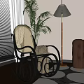 Cozy Rattan Leisure Chair With Palm Plant Floor Lamp And Leather Sofa By White Curtains